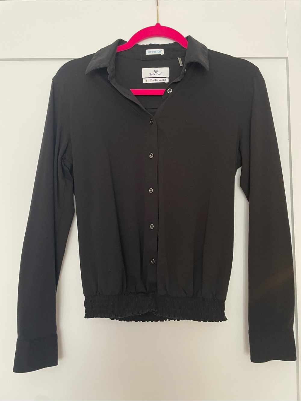 Buttercloth Black Long-Sleeve Button Front Shirt with Smocked Hem
